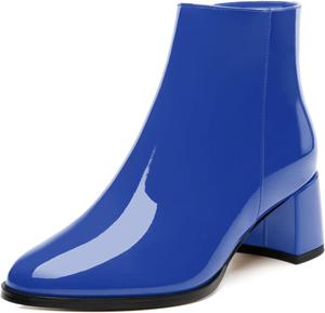 Женские ботильоны JUSTDANNI с круглым носком, массивным каблуком и высоким каблуком, удобная боковая молния, лакированные ботильоны для вечеринки, работы, повседневной носки и свадьбы, Royal Blue