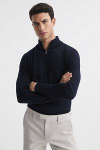 Свитер с широким воротником и короткой застежкой-молнией из шерсти мериноса Reiss, синий