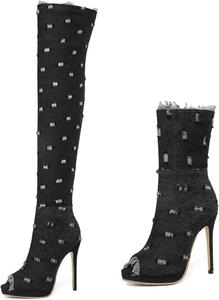 Женские джинсовые ботильоны Bellirala с открытым носком, на высоком каблуке-шпильке, летние ботинки с молнией, джинсовые босоножки на каблуке, Black Long