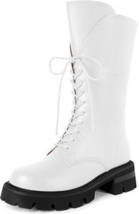 Женские боевые ботинки SAMMITOP, шнуровка, черные, средние по голени, низкий каблук, массивная подошва, круглый носок, ботинки для верховой езды, каблук 2 дюйма