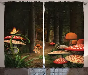 Штора ABAKUHAUS Грибы в деревенском стиле, Грибы темного леса, универсальная ленточная штора для гостиной с петлями и крючками, 280 x 245 см, цвет: красный, зеленый, коричневый Abakuhaus
