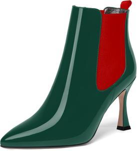 Женские лакированные ботильоны SKYSTERRY на высоком каблуке-столбике 3,3 дюйма, с острым носком для вечеринки, на молнии, Red Dark Green