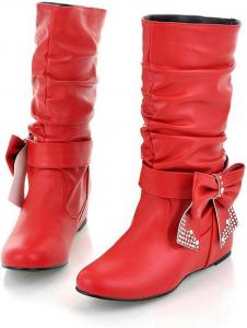 Женские сапоги с бантом из кожи до середины икры, элегантные с низким каблуком, со стразами, зауженный носок, без застежки, скрытый клин, сапоги до колена, удобный плоский каблук, для вечеринок, ботильоны под платье LETCLOCOM, Red