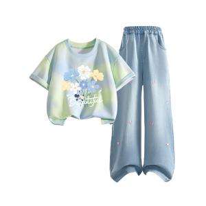 Детская повседневная спортивная одежда с круглым вырезом, тонкая футболка Disney, daisy bouquet twilight синий+solid color denim светлый синий