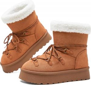 Женские классические мини-сапожки на платформе TUOPIN - зимние ботинки на молнии и шнуровке из искусственной замши с подкладкой из шерпы, противоскользящей толстой подошвой и высотой до щиколотки, Chestnut