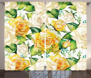 Штора ABAKUHAUS Rose Rustic, акварельные свадебные цветы, присборенная штора для спальни с петлями и крючками, 280 x 225 см, цвет: желтый, бежевый, зеленый Abakuhaus