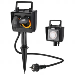 Садовая розетка на 2 выхода с таймером и заземляющим колышком, IP44 Hama, черный