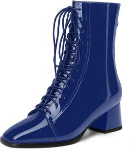Женские ботинки WAYDERNS с квадратным носком, на шнуровке, с массивным невысоким каблуком 2 дюйма, лакированные, для походов и путешествий, с высоким голенищем, Royal Blue