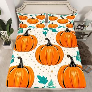 Erosebridal Детский комплект постельного белья с тематикой Хэллоуина, оранжевые тыквы, зеленые листья, золотые горошины, Orange Green
