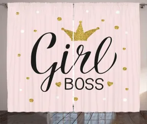 Штора ABAKUHAUS Girls Boss в деревенском стиле, с узором в виде горошка и надписи, универсальная ленточная штора для гостиной с петлями и крючками, 280 x 225 см, цвет: розовый, темно-желтый Abakuhaus