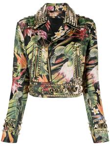 Philipp Plein байкерская куртка с заклепками и цветочным принтом, зеленый