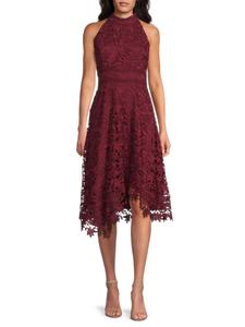 Асимметричное платье-миди с кружевом и бретелькой через шею Eliza J, бордовый