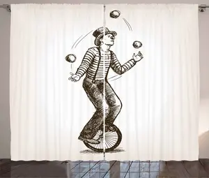 Штора ABAKUHAUS "Цирк в деревенском стиле", "Клоун-жонглер на колесе", универсальная, с петлями и крючками, для гостиной, 280 x 225 см, белый с коричневым Abakuhaus