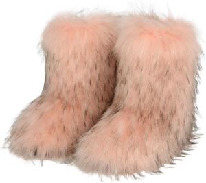 Женские зимние сапоги из искусственного меха, сапоги средней длины с пушистым утеплителем, теплые нескользящие обувь на плоской подошве для холодной погоды HuayoRong, Pink-1