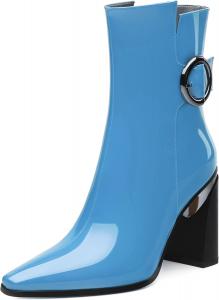 Женские ботильоны, лаковые с заостренным носком, боковой молнией и высоким каблуком, короткие ботинки, женские ботинки на массивном каблуке, удобные ботинки 3,5 дюйма Heisnemca, Sky Blue Patent