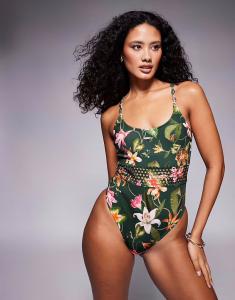 Купальник с ботаническим принтом темно-зеленого цвета River Island