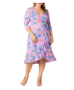 Платье-миди с запахом и воланами Plus Size Flirty Flounce с рукавами 3/4 Kiyonna, фиолетовый