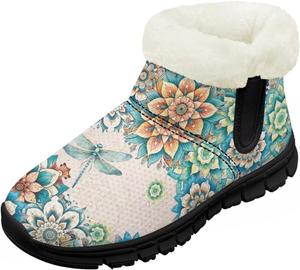 Зимние ботинки для девочек, праздничные снегоступы, детская удобная обувь с широкой колодкой, на молнии, с меховой подкладкой, ботильоны для танцев Pointodoor, Dragonfly Boho Floral