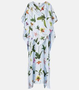 Флисовый шелковый кафтан с цветочным принтом Oscar de la Renta, Light Blue Mult