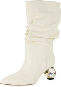 Женские сапоги XYD до середины голени, праздничные, с кристаллами, низкий каблук 2 дюйма, заостренный носок, для деревенской свадьбы, вечеринки, эластичные ботильоны, Ivory-Leather