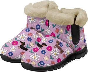 Зимние сапоги для женщин с противоскользящей подошвой, плотной подкладкой, теплые зимние ботинки для улицы, слипоны, короткие ботильоны Suhoaziia, Dachshund Flowers