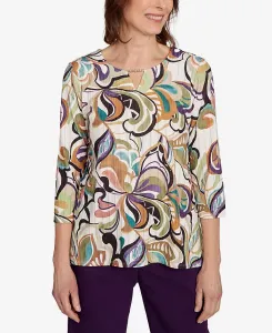 Женский классический топ с абстрактным узором и разрезом на горловине Alfred Dunner, коричневый/бежевый