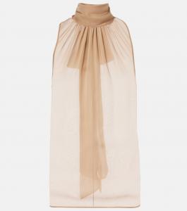Топ из шелкового муслина со сборками Saint Laurent, бежевый