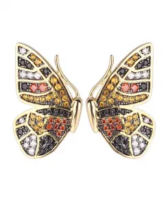 Серьга-Гвоздик в форме крыла бабочки с разноцветными кубическими цирконами Noir, gold