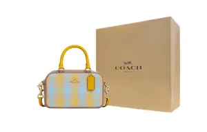 COACH Жаккардовая сумка-сатчел с гладкой кожаной отделкой, кросс-боди, маленькая, женская, ярко-желтая