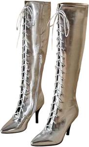 Женские сапоги до колена с перекрещивающимися ремешками, толстый каблук, короткие и длинные ботильоны, зимний модный стиль Generic, Silvery