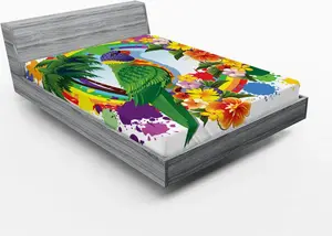 Простыня на резинке ABAKUHAUS Попугай, попугай лорикет в радужном круге с пальмами, тропическими растениями, цветами, художественным принтом, 180 x 200 см, разноцветная Abakuhaus