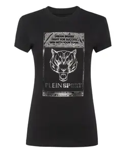 Футболка с круглым вырезом, короткий крой, тигровый принт. Plein Sport, черный