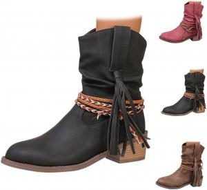 Женские ботильоны на танкетке с плетеным ремешком и бахромой, вестерн с каблуком, осенние ботильоны для женщин Generic, Black