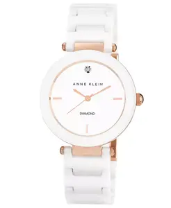 Женские часы с бриллиантами на белом керамическом браслете 33 мм AK-1018RGWT Anne Klein