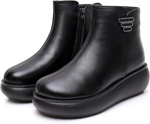 Женские кожаные ботильоны на платформе с круглым носком и боковой молнией, удобные, теплые, с плюшевой подкладкой, повседневные, водонепроницаемые, с противоскользящей подошвой, с эффектом увеличения роста Oigunle, Black Long Plush