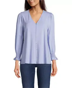 Женский топ с длиной рукава 3/4 из легкого джерси на пуговицах спереди Lands' End, синий