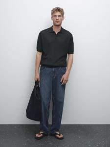 Рубашка-Поло с V-образным вырезом и ажурной отделкой Massimo Dutti, темно-синий