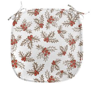 ABAKUHAUS Рождественская подушка для обеденного стула Holly Berries Leaves Декоративная водонепроницаемая подушка с ремнями для кухонных сидений 40 см x 40 см Скарлет-коричневый, мультиколор