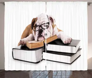 Штора ABAKUHAUS "Английский бульдог" в деревенском стиле, собака в очках, универсальная, с петлями и крючками, для гостиной, 280 x 175 см, цвет: черный, светло-коричневый, белый Abakuhaus