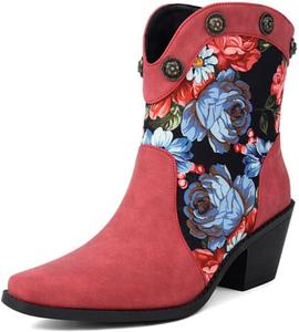 Женские средние сапоги Aflngle с цветочным узором, квадратный носок, массивный каблук, комбинированная короткая модель до щиколотки, модные розы, принт, заклепки, панк-стиль, байкерские ботильоны, Red