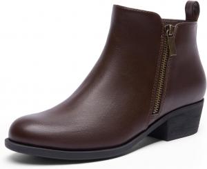 Женские ботильоны DREAM PAIRS с классическим низким широким каблуком и боковой молнией, Brown-Pu