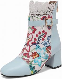 Ботильоны DINTAHA с цветочной вышивкой, кружевные, с квадратным носком и массивным каблуком, на молнии, Blue