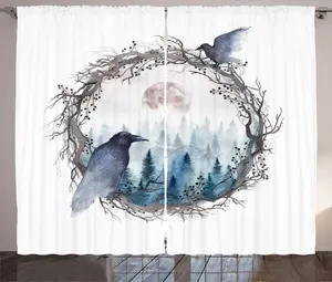 Штора ABAKUHAUS Рустикальная природа, акварель Туманный лесной ворон, универсальная ленточная штора для гостиной с петлями и крючками, 280 x 225 см, синий, серый, бледно-лососевый Abakuhaus