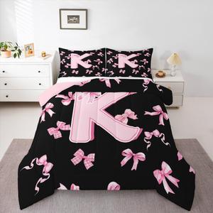 Erosebridal Комплект постельного белья Alphabet Letter K с розовым бантом для девочек, Pink Black K