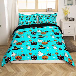 Erosebridal Комплект постельного белья Halloween Decorations для детей с принтом тыкв, привидений, ведьм, паутины и кошек в синем цвете, Blue Orange