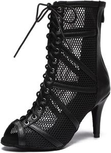 Женские танцевальные ботильоны на каблуке для вечеринок и выступлений, для бальных и латинских танцев, с застежкой на шнуровку, сетчатые, с открытым носком LITNERMIA, Al555/Black 8.5Cm Heel