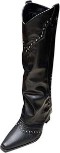 Женские западные ковбойские сапоги с металлическими заклепками, сапоги средней длины до икра, с отворотом, с заостренным носком, для широкой голени TXGMNA, Black