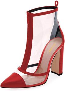 Женская мода XYD Прозрачные ПВХ ботильоны на толстом высоком каблуке, короткие с острым носком и передней молнией, Red