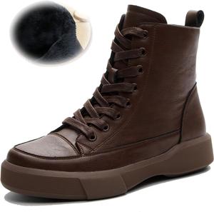 Женские ботинки на шнуровке с боковой молнией, высокие до щиколотки, из натуральной кожи, ретро, с круглым носком, на платформе, добавляющие рост, модные военные ботильоны ENJGU, Brown Plush Lining