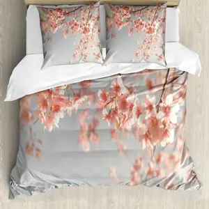 Пододеяльник ABAKUHAUS Peach, с изображением деревьев сакуры, с защитой от клещей, подходит для аллергиков, с наволочками, 200 см x 200 см - 80 x 80 см, серо-коралловый Abakuhaus